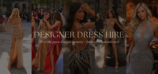 Designer dress hire — five models in embellished couture gowns