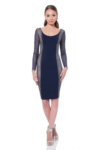 1611C0023A Navy Blue Dress with Lace Sleeves
