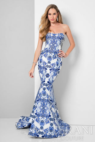 Strapless blue & white print gown, style 1712P2536G