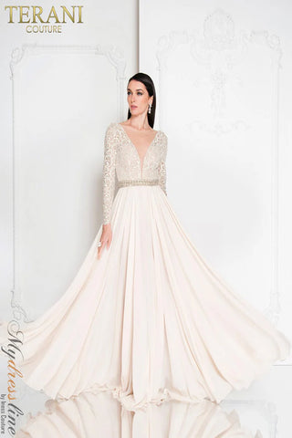 Terani Couture 1812M6650 Ivory Long Sleeve Gown
