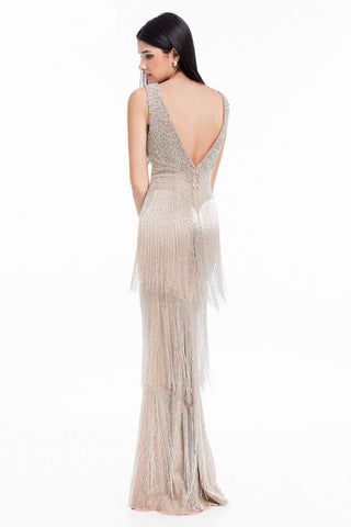 Woman in beaded fringe gown