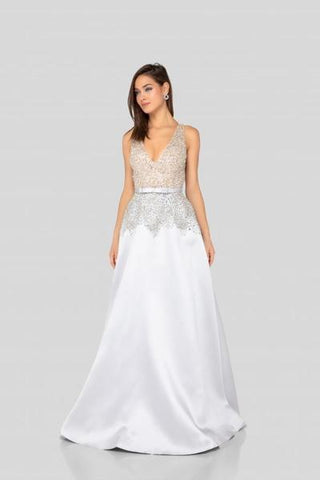 White formal gown with beaded bodice