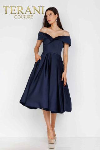 Navy off-shoulder midi dress front view