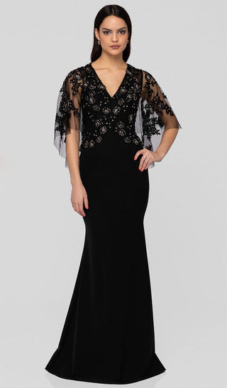 1912M9350 Black evening gown with lace cape