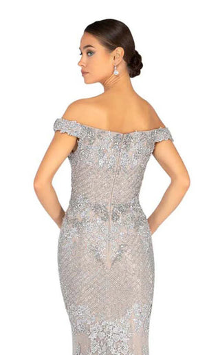 1913GL9586 Back View of Off-the-Shoulder Silver Embellished Gown