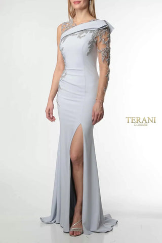 Terani dress 1921E0138 front view, light blue one-shoulder gown