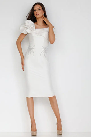 Ivory front dress, 2011c2009 style, featuring a unique shoulder design.