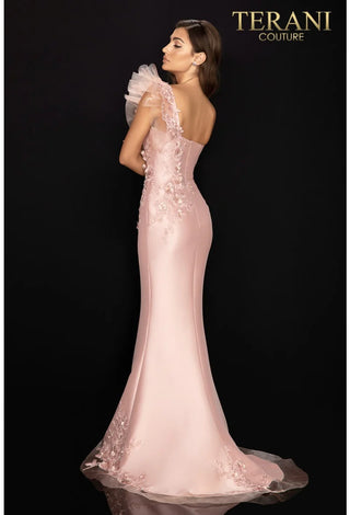 Terani Couture Pink One-Shoulder Gown (Back View)