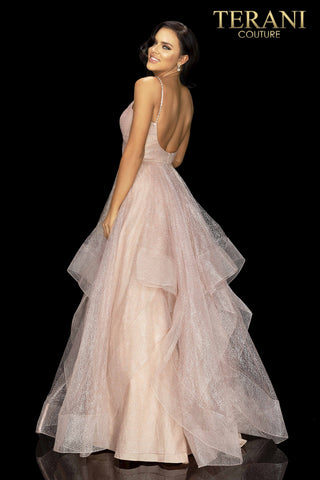 Blush backless gown by Terani Couture