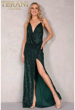 Emerald sequin gown with high slit