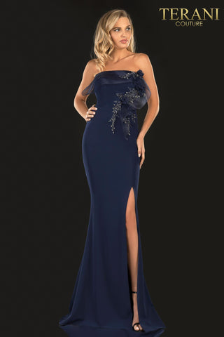 Terani Couture 2021E2818 navy strapless gown with floral detail and high slit