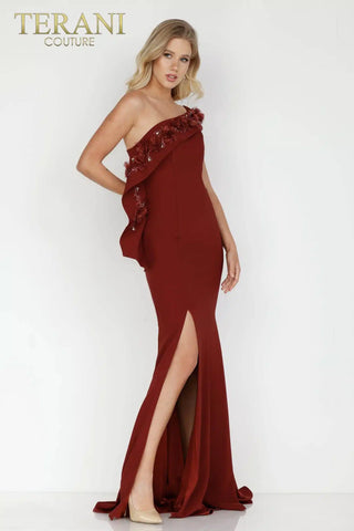 Merlot one-shoulder gown with slit - Terani Couture 2021E2824