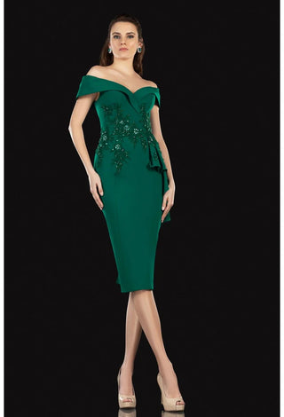 Emerald green off-shoulder cocktail dress