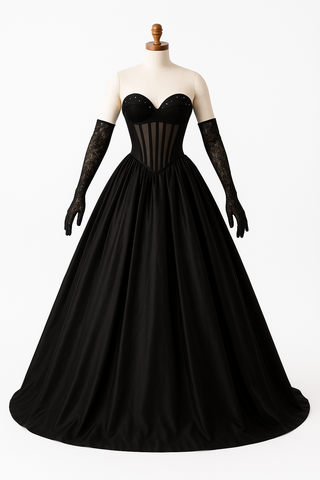 Black ball gown on a mannequin.