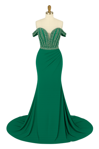 Green off-the-shoulder formal gown on a mannequin.
