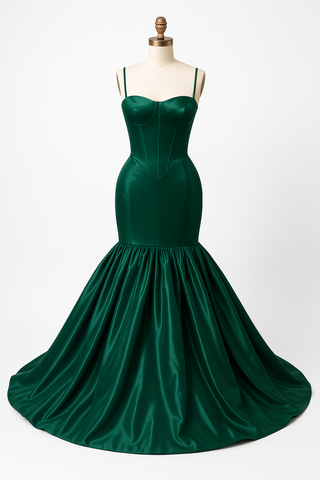 Green mermaid-style formal gown on a mannequin.