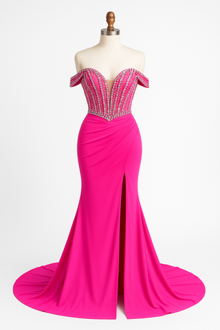 Pink off-the-shoulder formal gown on a mannequin.