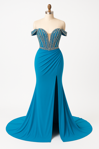Blue off-the-shoulder formal gown with a high slit.