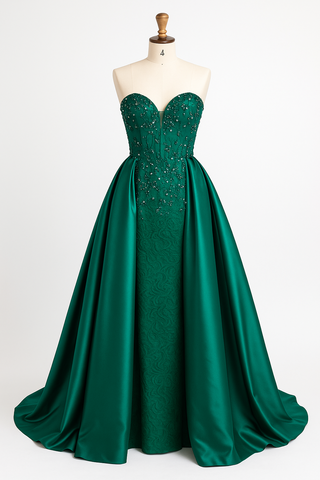 Green strapless formal gown on a mannequin.