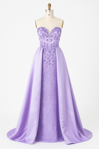 Lavender strapless formal gown on a mannequin.