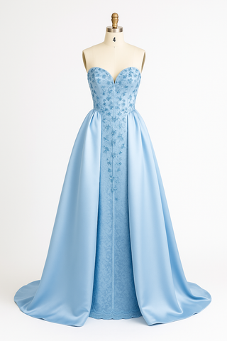 Light blue strapless gown on a mannequin.