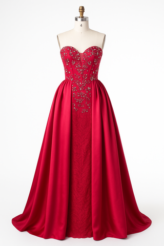 Red strapless formal gown on a mannequin.