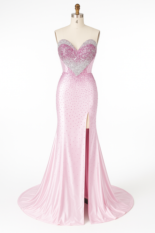 Pink strapless gown with a high slit and heart-shaped bodice.