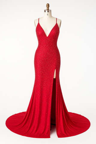 Red, beaded formal gown with high slit.