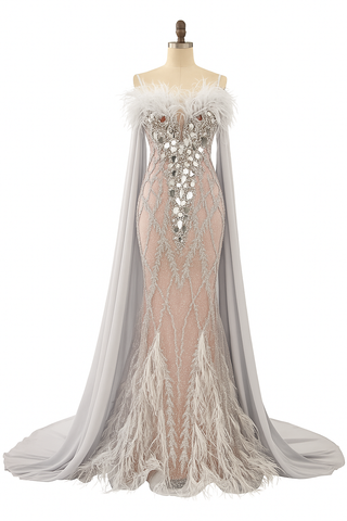 Off-the-shoulder formal gown with feathers and cape.