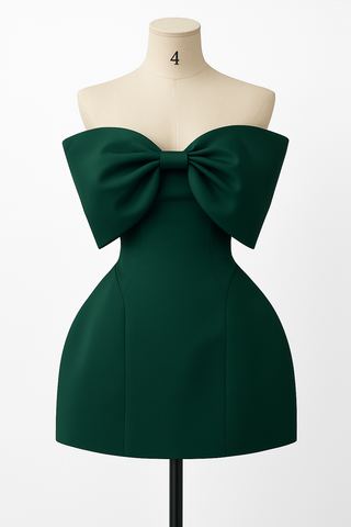 Green strapless dress with large bow on a mannequin.