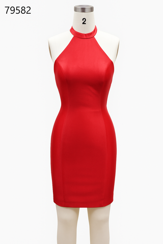Red halter dress on a mannequin.