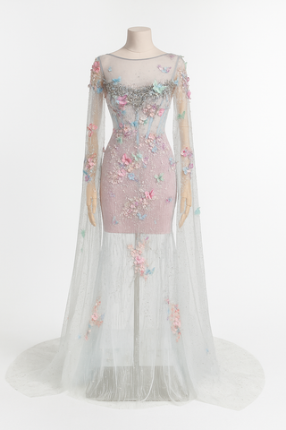 Formal dress with floral embellishments and cape.