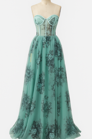 Mint green floral strapless gown.