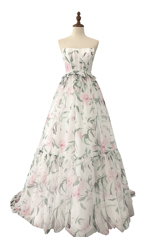 Floral print strapless gown on a mannequin.