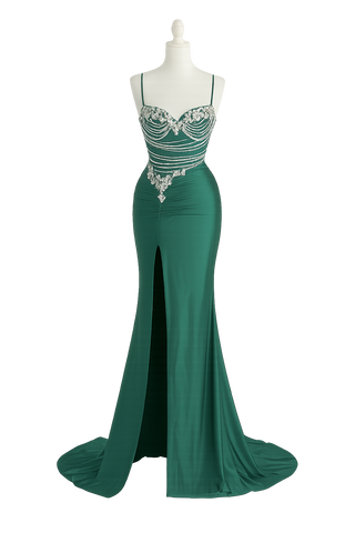 Green formal gown with beaded bodice and high slit.