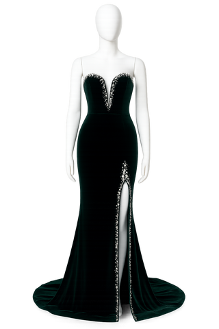 Mannequin in a dark green formal dress with a high slit.