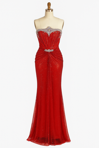 Red strapless evening gown on a mannequin.