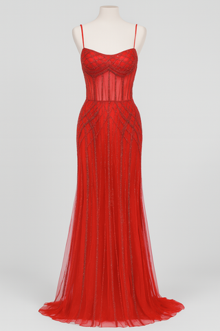 Red formal gown on a mannequin.