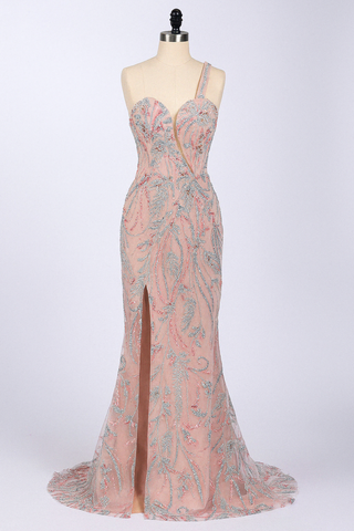 Pink beaded formal gown on a mannequin.