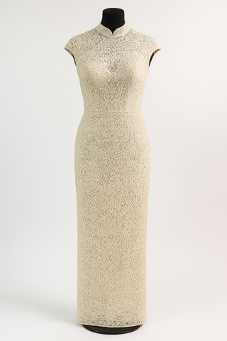 Beige lace dress on a mannequin.