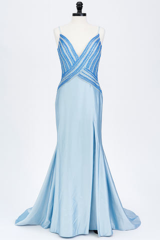 Light blue formal gown on a mannequin.