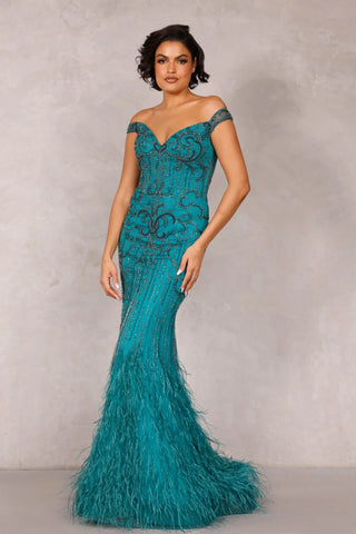 Teal off-shoulder gown with feathered hem, 2214GL0113
