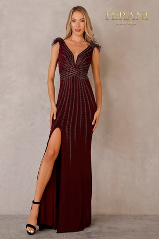 Burgundy Terani gown with high slit, 2000 collection.