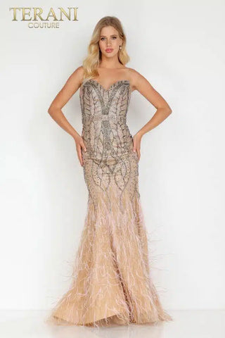 The Designer Precinct Couture 231GL0389 strapless feather gown, front view