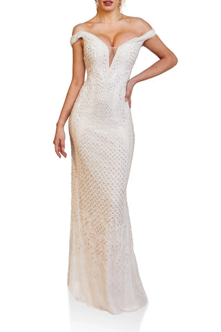 Ivory off-shoulder gown 231GL0411 front view