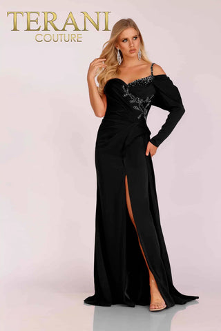 Black formal gown with one sleeve, front view