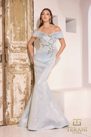 Light blue off-the-shoulder gown with floral detail