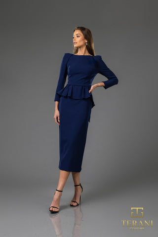Navy blue Terani dress with peplum detail