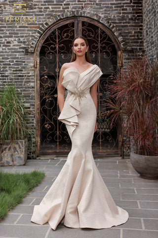 Champagne gown with ruffled bodice, formal dress.