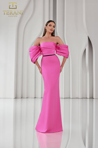Fuchsia off-shoulder gown by Terani